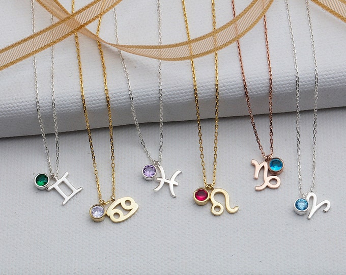 Gifts For Mother's Day, 18K Solid Gold Zodiac Necklaces, Personalized Gifts, Moms Gift, 14K Birthstone Zodiac Pendants, Unique Birthday Gift