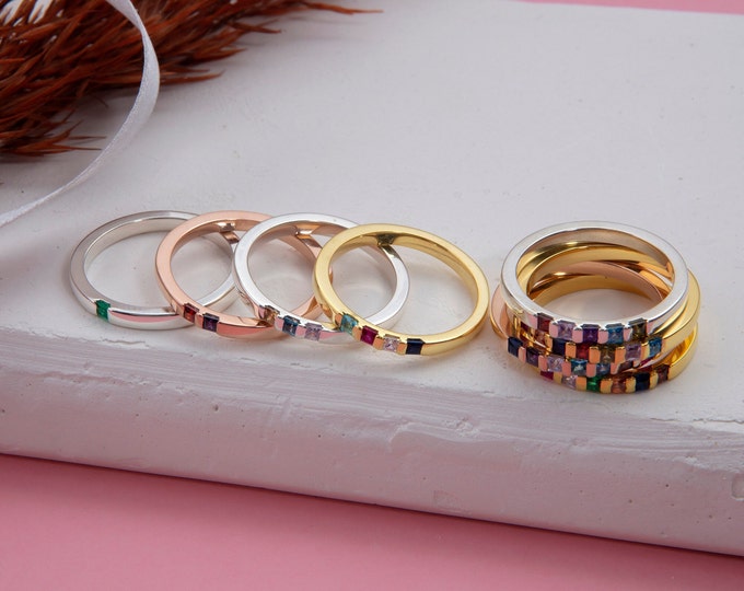 Gifts For Mother's Day, Princess Shaped Birthstone Rings, Mothers Family Birthstone Ring, Personalized Gifts, Custom Made Birthstone Jewelry