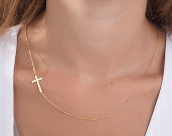 Gifts For Mother's Day, 14K Gold Sideways Cross Necklaces, 18K Solid Gold Dainty Cross Pendants, Graduation Gifts For Her, Religious Jewelry