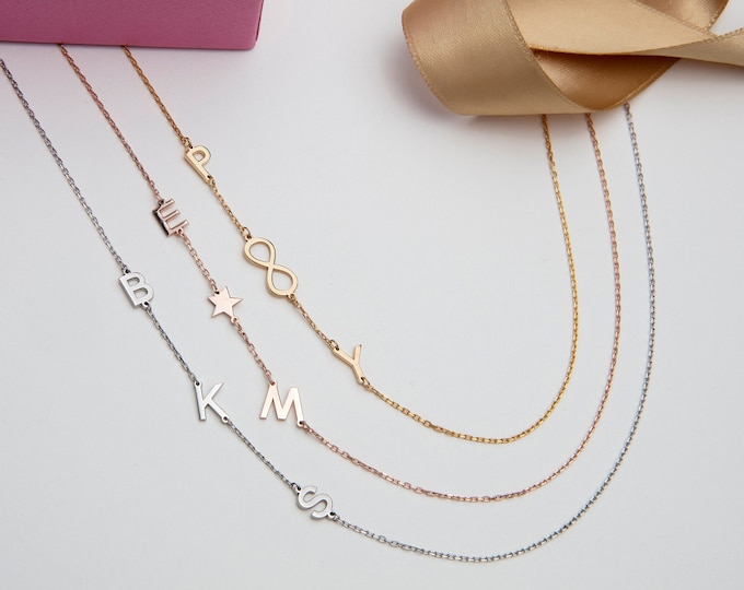Gifts For Mother's Day, Sterling Silver Sideways Letter Necklace, Birthday Gift For Mom, 14K Gold Name Initial Necklaces, Personalized Gifts