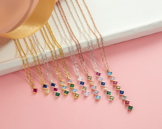 Gifts For Mother's Day, Princess Shaped Birthstone Necklaces, Mothers Family Birthstone Necklace, Personalized Birthstone Jewelry, Moms Gift