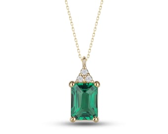 Emerald Necklace with Diamond Accent, May Birthstone Jewelry, Real Diamond Pendant, Gift For Her