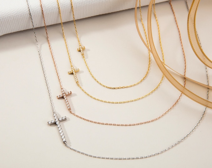 Gifts For Mother's Day, 14K Gold Sideways Cross Necklace, Zircon Diamond Silver Side Cross Pendant, Birthday Gift For Mom, Religious Jewelry