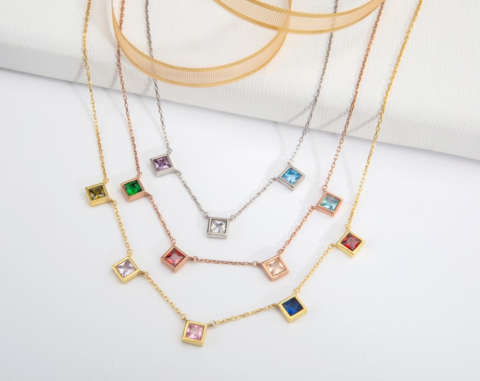 Gifts For Mother's Day, 14K Gold Princess Birthstone Necklaces, Gift For Mom, Personalized Gifts, Silver Multiple Family Birthstone Necklace