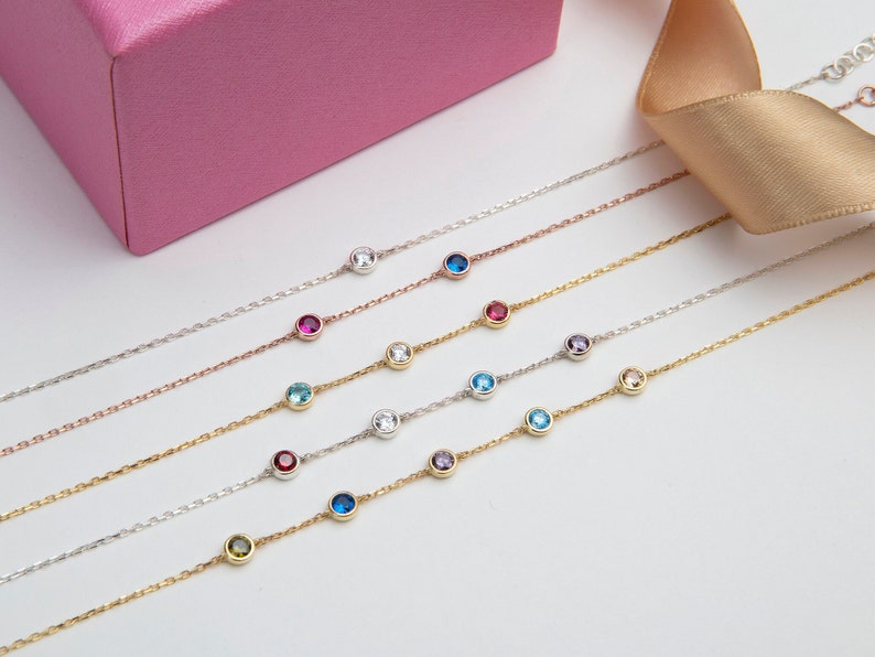 14K Gold Birthstone Bracelets, Personalized Gift, Silver Spaced Multi Birthstone Bracelet, Custom Made Gift For Mom, Unique Christmas Gifts 