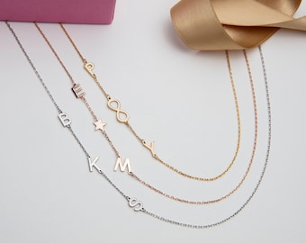 Gifts For Mother's Day, 18K Solid Gold Sideways Letter Necklace, Family Name Initial Necklace For Mom, 14K Letter Pendant, Personalized Gift