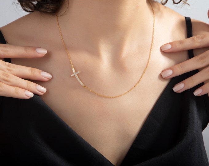 Gifts For Mother's Day, 14K Gold Sideways Cross Necklaces, 18K Zircon Diamond Curved Cross Necklace, Gifts For Mom, Graduation Gifts For Her