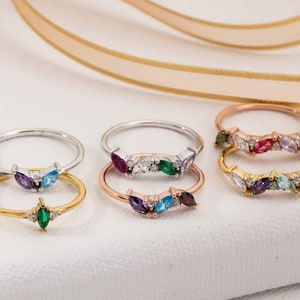 10K Gold Marquise Shape Birthstone Rings, Personalized Birthstone Jewelry, Silver Multi Gemstone Rings, Gift For Her, Best Gift For Mothers