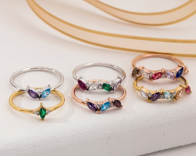 Gifts For Mother's Day, 10K Gold Marquise Shape Birthstone Rings, Personalized Birthstone Jewelry, Silver Multi Gemstone Rings, Gift For Her