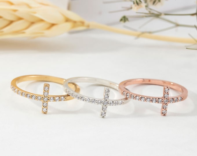 Gifts For Mother's Day, 14K Gold Diamond Cross Rings, Silver Zircon Cross Rings, Birthday Gifts For Mom, Religious Jewelry, Graduation Gifts
