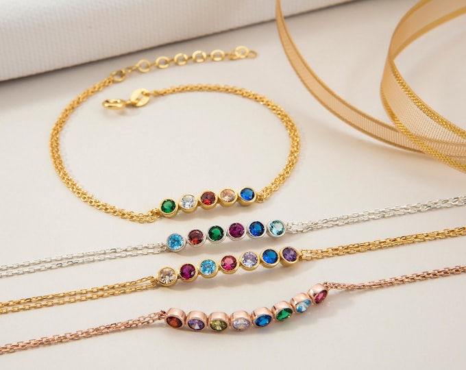 Gifts For Mother's Day, 14K Solid Gold Multiple Birthstone Bracelets, Personalized Gift For Mothers, Silver Birthstone Bracelet For Grandmas