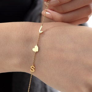 Presentes para o dia das mães, pulseira com inicial de nome em ouro 18K, pulseira com letra de coração em ouro 14K, pulseira personalizada para mulheres, presente personalizado para ela