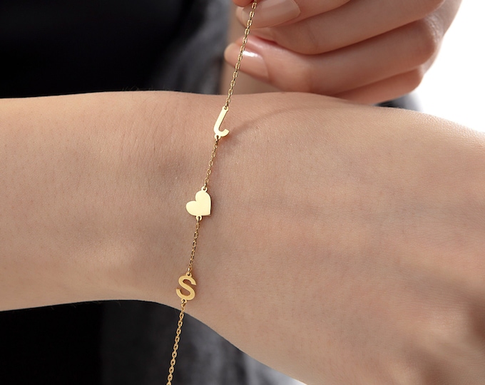 Gifts For Mother's Day, 18K Gold Name Initial Bracelet, 14K Gold Letter Heart Bracelet, Custom Bracelet For Women, Personalized Gift For Her