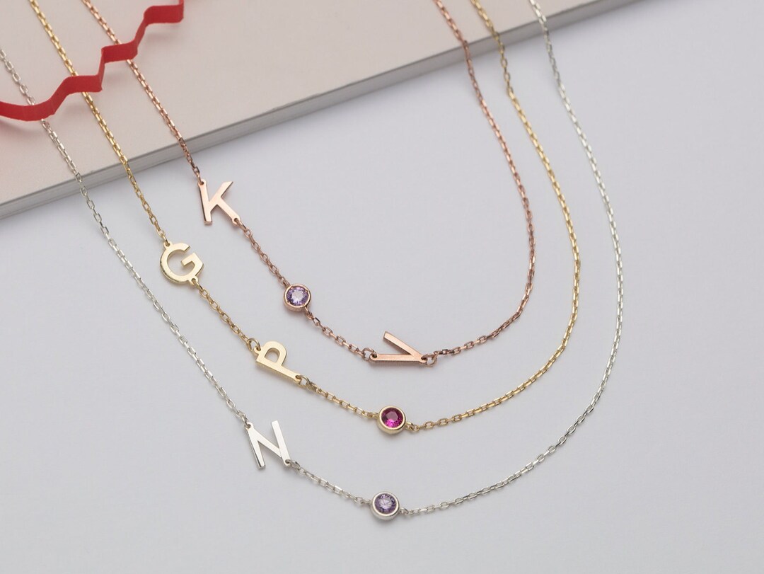 14K Gold Initial Name Necklaces Solid Gold Sideways Etsy