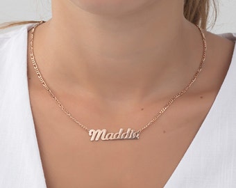 Silver Dainty Name Necklaces for Women, 14K Gold Figaro Chain Name
