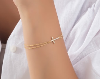 14K Gold Zircon Diamond Cross Bracelets, Religious Jewelry, Solid Gold Dainty Cross Bracelet, Birthday Gifts For Mom, Best Gift For Mothers