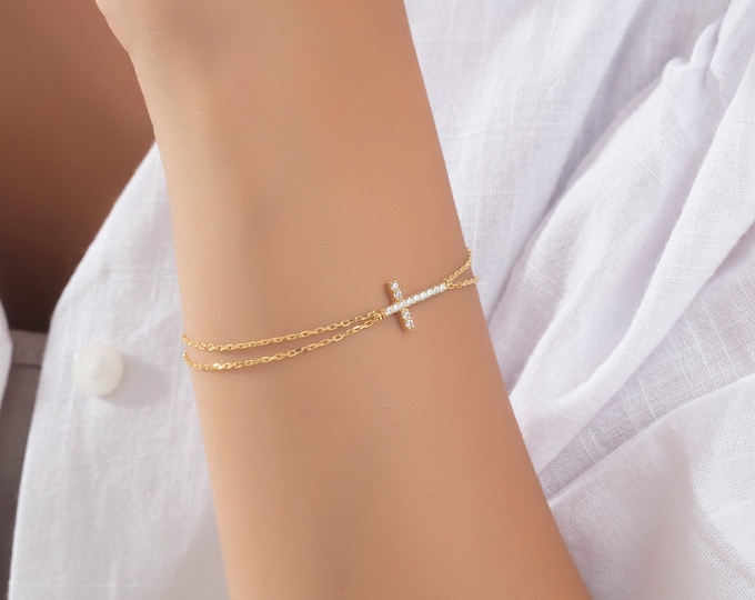 Gifts For Mother's Day, 14K Gold Zircon Diamond Cross Bracelets, Religious Jewelry, Solid Gold Dainty Cross Bracelet, Birthday Gifts For Mom