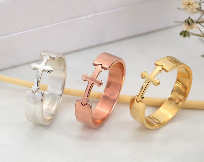 Gifts For Mother's Day, 18K Solid Gold Unique Cross Ring, 10K Gold Dainty Cross Band, Religious Jewelry, Birthday Gift For Mom, Gift For Her