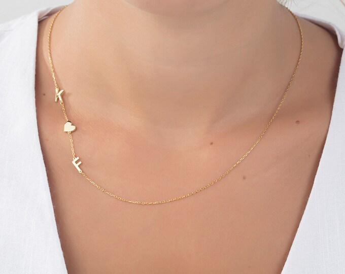 Gifts For Mother's Day, 14K Solid Gold Sideways Initial Necklace, Name Letter Heart Necklace, 18K Letter Pendant, Personalized Gifts For Mom