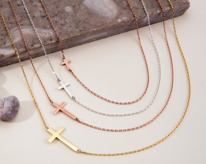 Gifts For Mother's Day, 14K Gold Sideways Cross Necklaces, Religious Jewelry, Gifts For Her, Silver Dainty Cross Pendants, Bridesmaid Gifts