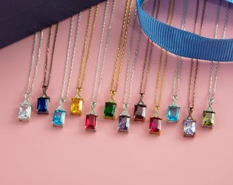 14K Gold Emerald Cut Birthstone Necklaces, Personalized Jewelry, Gifts For Mothers, Silver Octagon Gemstone Necklace, Gifts For Christmas