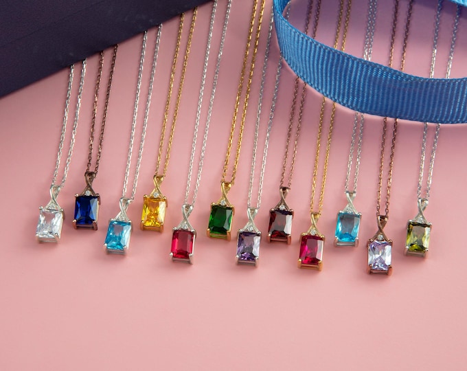 Gifts For Mother's Day, 14K Gold Emerald Cut Birthstone Necklaces, Personalized Jewelry, Gifts For Mothers, Silver Octagon Gemstone Necklace