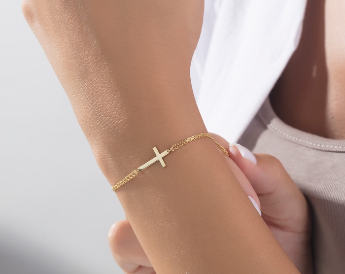 Gifts For Mother's Day, 14K Gold Tiny Cross Bracelets, 18K Solid Gold Cross Bracelets, Religious Jewelry For Women, Graduation Gifts For Her