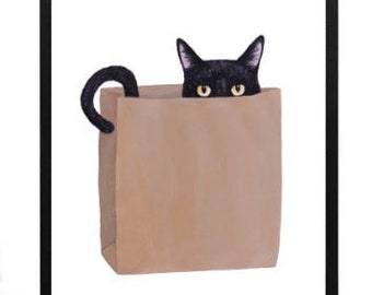 Black cat print, Cat in paper bag, Black and white art print, Black cat poster for wall decoration