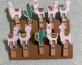 Llama and Cactus Wood Clips | Wood Hanging Pins for Scrapbooks|Wood clips| Llama and Cactus Clip art| Scrapbook hanging clips | Set of 10