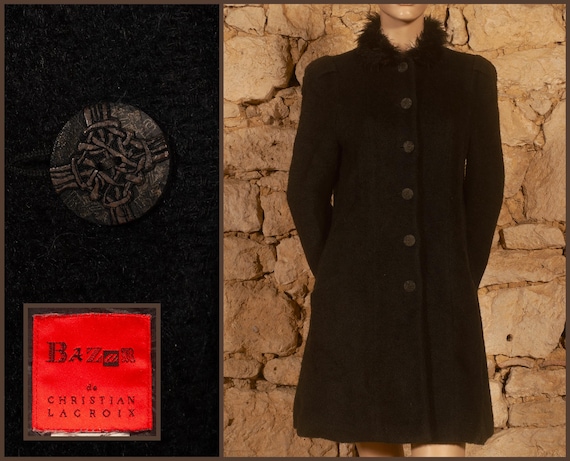 Christian Lacroix, Christian Lacroix - Bazar - 90s Evening Coat with Feather Collar (size US6, UK10, FR38, D36, IT42)