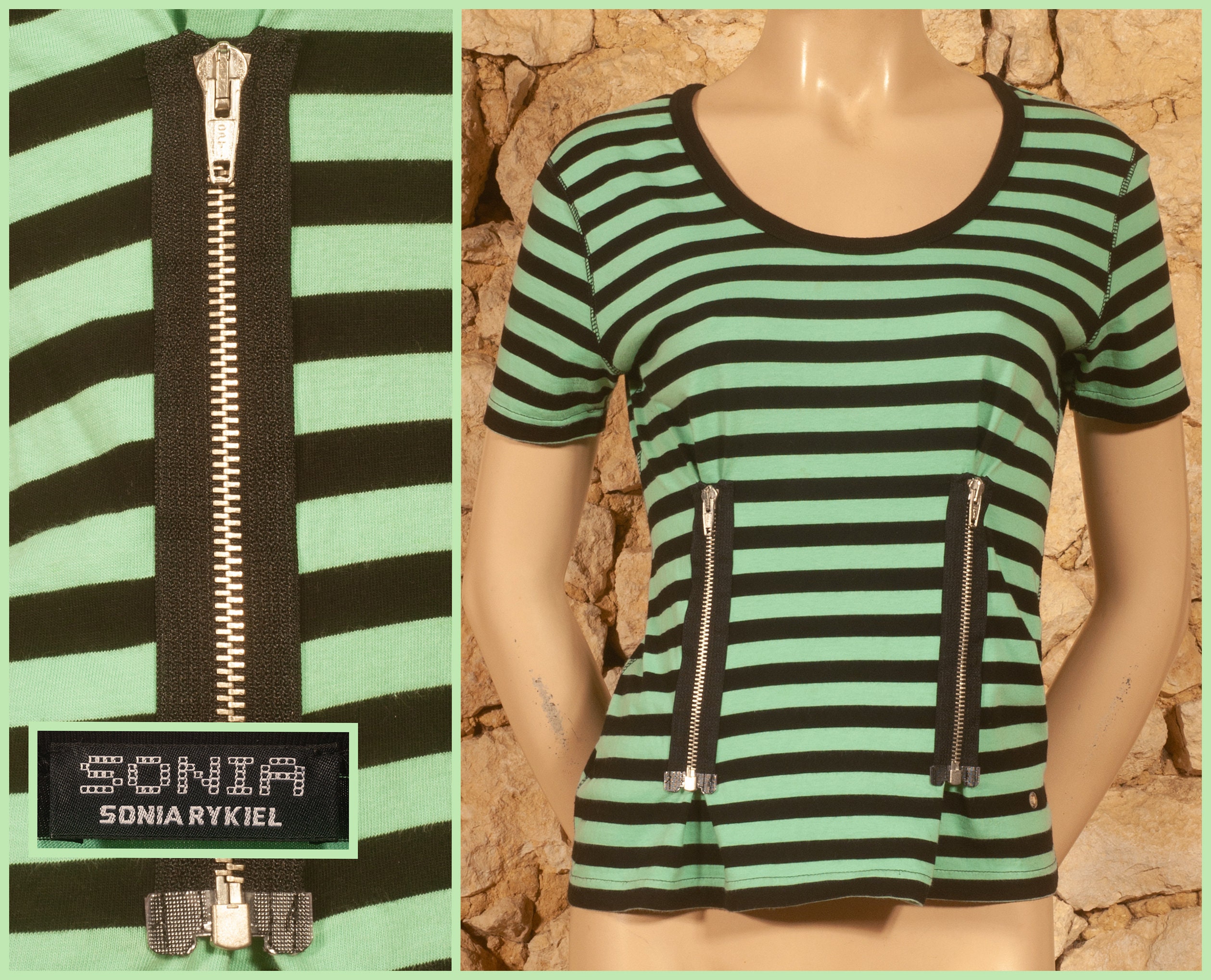 SONIA RYKIEL PARIS 　4Y Sonia Rykiel - Paris - 00s Zipped Striped Top (size UK10, US6