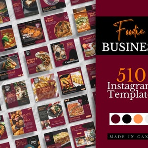 May include: A collection of 510 Instagram templates for food businesses. The templates feature a variety of food images, including sushi, seafood, pasta, pizza, and desserts. The templates are designed in a modern style with a red and black color scheme. The text "Foodie Business" and "Made in Canva" are also included in the image.