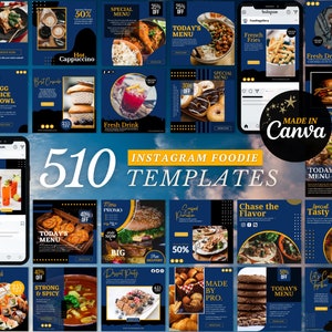 510 Foodie Instagram Canva Templates For Restaurant, Dark Blue Food Instagram, Business Marketing, Instagram Post, Social Media Kit