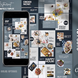 18 Instagram Puzzle Template For Restaurants, Canva Templates, Editable Restaurant Instagram Posts, Food Instagram, Small Business