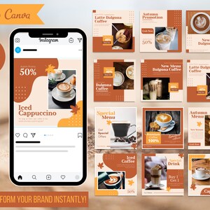 Coffee Shop Social Media Kit Canva - Bearbeitbare Instagram Post Templates in Braun & Beige