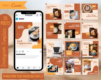 Coffee Shop Social Media Kit Canva – Editable Instagram Post Templates in Brown & Beige