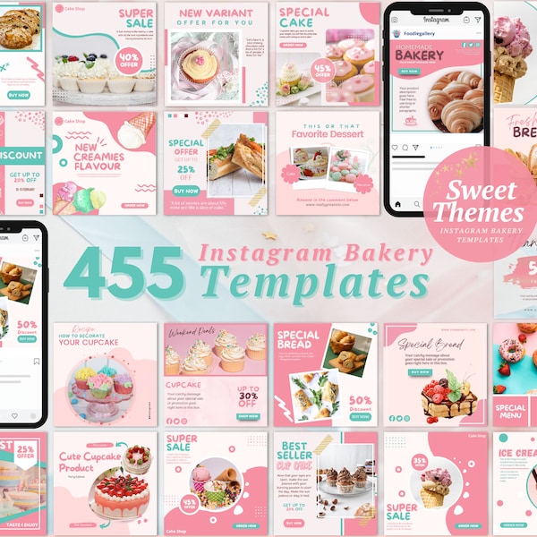 Modello 455 Pastel Bakery Instagram Canva, modelli BUNDLE Instagram colorati, negozio di dolciumi, post sui social media, kit di branding,