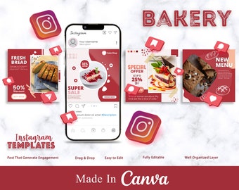 May include: Instagram templates for a bakery with a red and white colour scheme. The templates feature images of baked goods, such as bread, cake, and pastries. The text on the templates includes "Fresh Bread", "Super Sale", "Special Offer", and "New Menu".