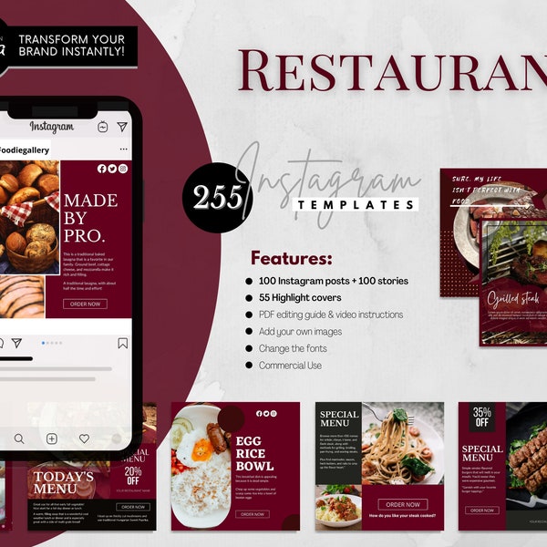 255 Restaurant Instagram Templates, Editable Canva Template, Instagram Foodie Posts And Stories, Highlight Covers, Food Social Media