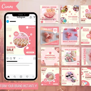 50 Bakery Instagram Post Templates, Canva Template, Bake Shop, Baking Editable Posts, Pink Theme, Bakery Social Media Templates
