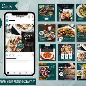 以下が含まれることがあります： レストランや食品事業向けのInstagram投稿テンプレート25個のセット。テンプレートには、パスタ、ピザ、サラダ、朝食など、さまざまな食べ物の写真が掲載されています。テンプレートには、セール告知やメニュー情報などのテキストオーバーレイも含まれています。テンプレートは、モダンでミニマルな美学を備えた緑と黒のカラーテーマでデザインされています。