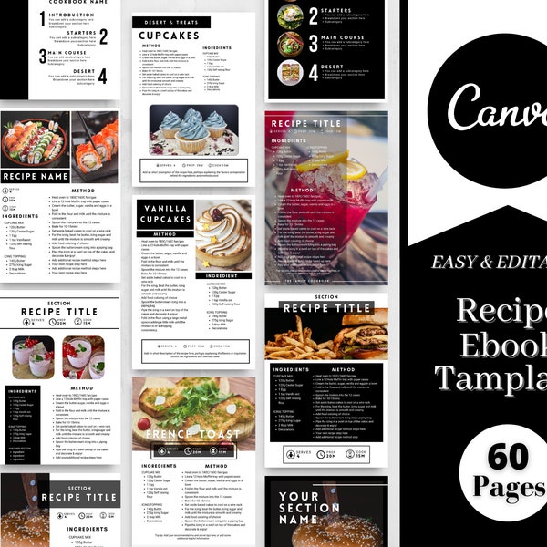 60 Recipes Cookbook Templates Bundle, Canva Template, Customizable eBook, Meal Planner, Printable Digital Recipe Book Template