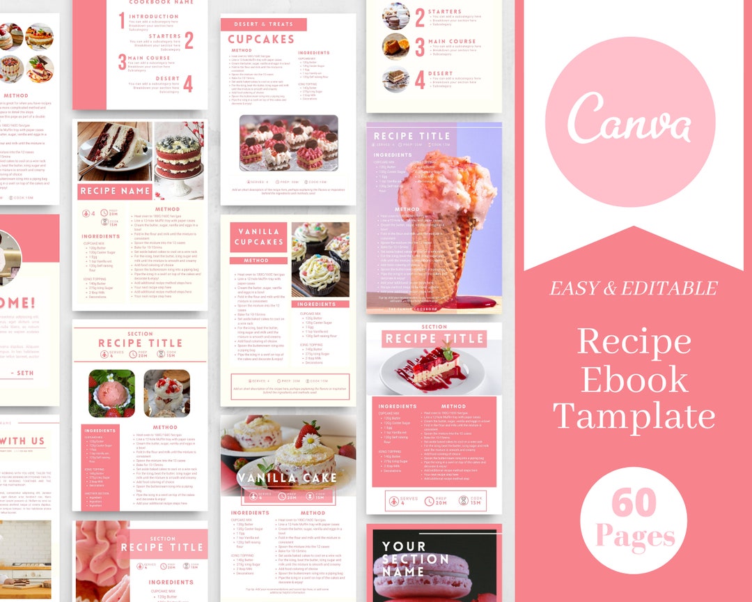 60 Pink Recipe Book Templates, Canva Template, Printable Recipe Book