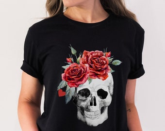 Rose shirt rose gift Halloween shirt red roses floral skull top with red roses, rose women t shirt, gardening shirt, plant lady gift