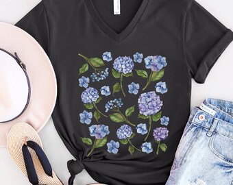 Chemise hortensia à col en V, t-shirt floral fleurs sauvages, cadeau pour amoureux de la nature