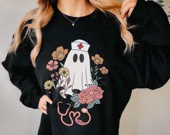 Halloween enfermera sudadera retro fantasma suéter espeluznante enfermera regalo escuela Enfermera vida floral enfermera fantasma Halloween temporada hospital enfermera camisa
