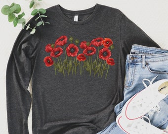 Rode klaproos jersey met lange mouwen cadeau voor moeder botanisch wilde bloemen T-shirt plant dame cadeau klaproos bloem minnaar cadeau tuinieren natuurliefhebber