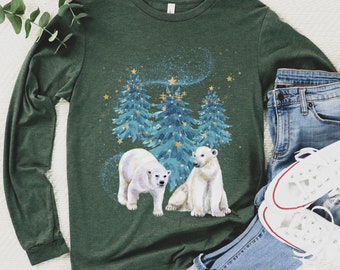 Polar bears long sleeve tee unisex shirt Christmas trees outdoorsy gifts winter shirt gift for her animal lover shirt camping and hiking tee