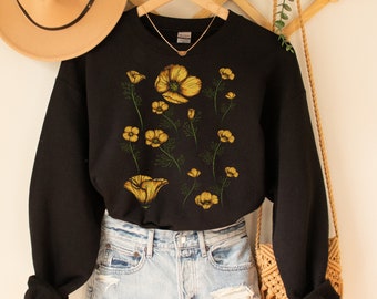 California poppy flower sweatshirt, botanical wildflower sweater, cottagecore crewneck for women, vintage wild flower, plant sweat shirt,