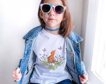 Cute fox shirt for kids, vintage cottagecore butterfly shirt, botanical fox lover gift, animal lover shirt, lavender nature fox clothing